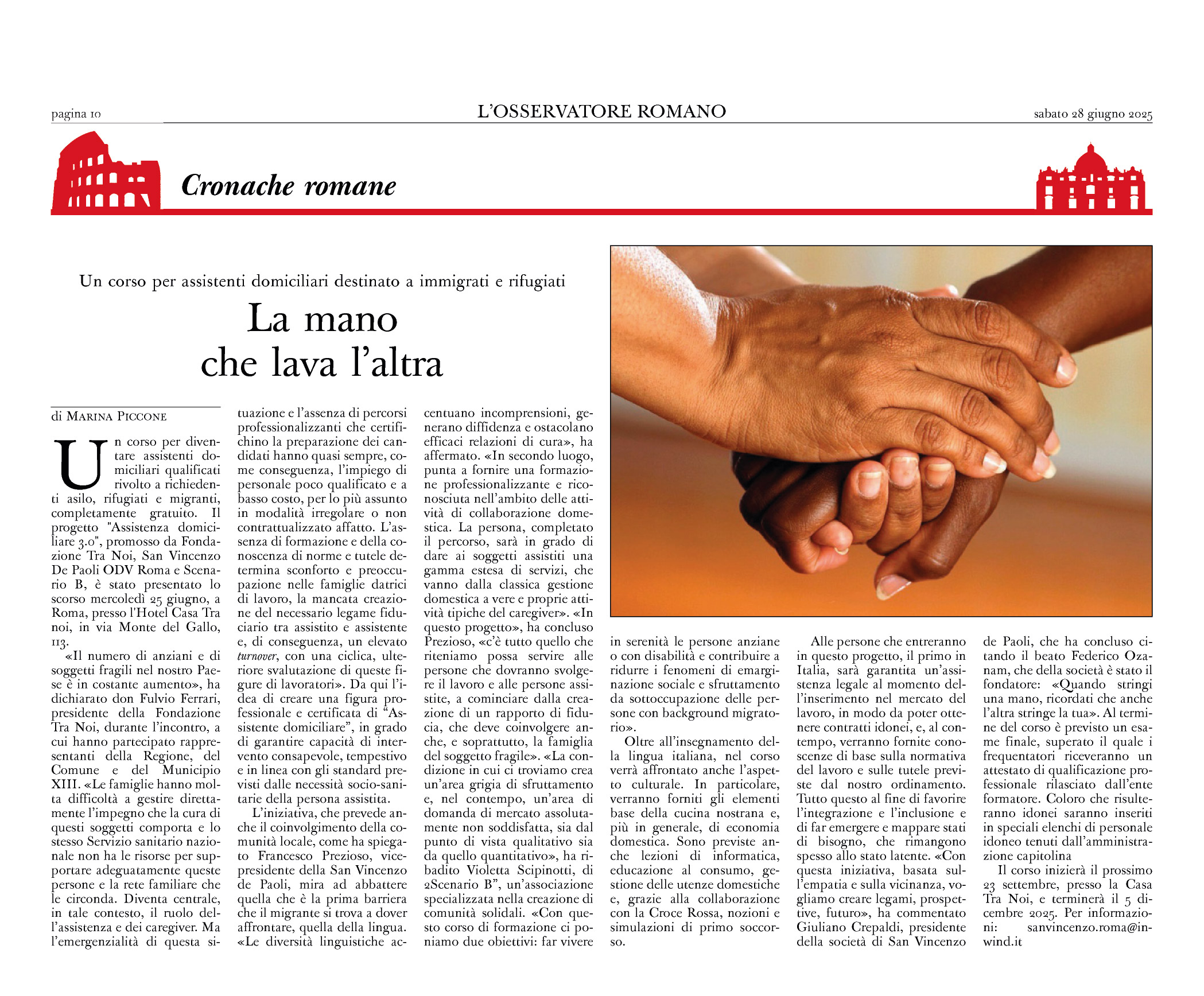 Articolo Osservatore Romano_ progetto Assistenza domiciliare